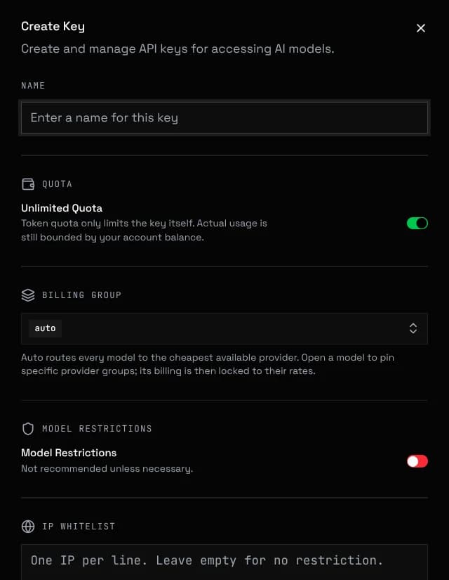 Create Key dialog on the Tokens page